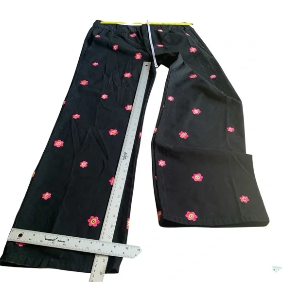 Cotton Wide-leg Leg Pants Embroidered Happy Face Flower Twill Party Pants BLK L - Picture 10 of 11